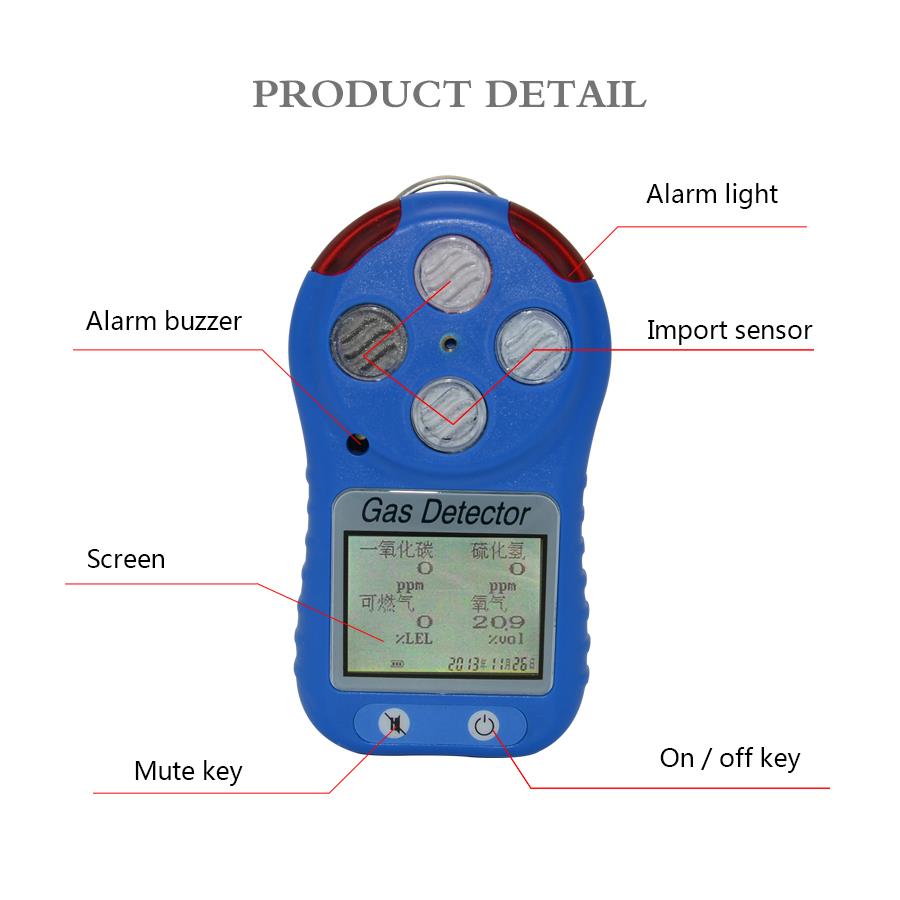 Portable battery chargeable multi gas detector 4 in 1 gas analyzer